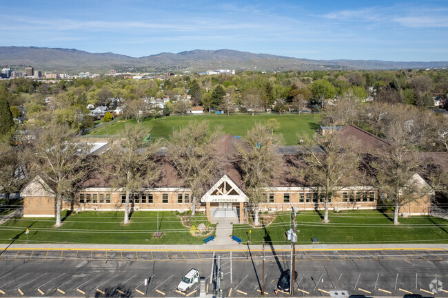 A bird eye view shows off Jefferson Elementary School and its expansive field in the rear.
