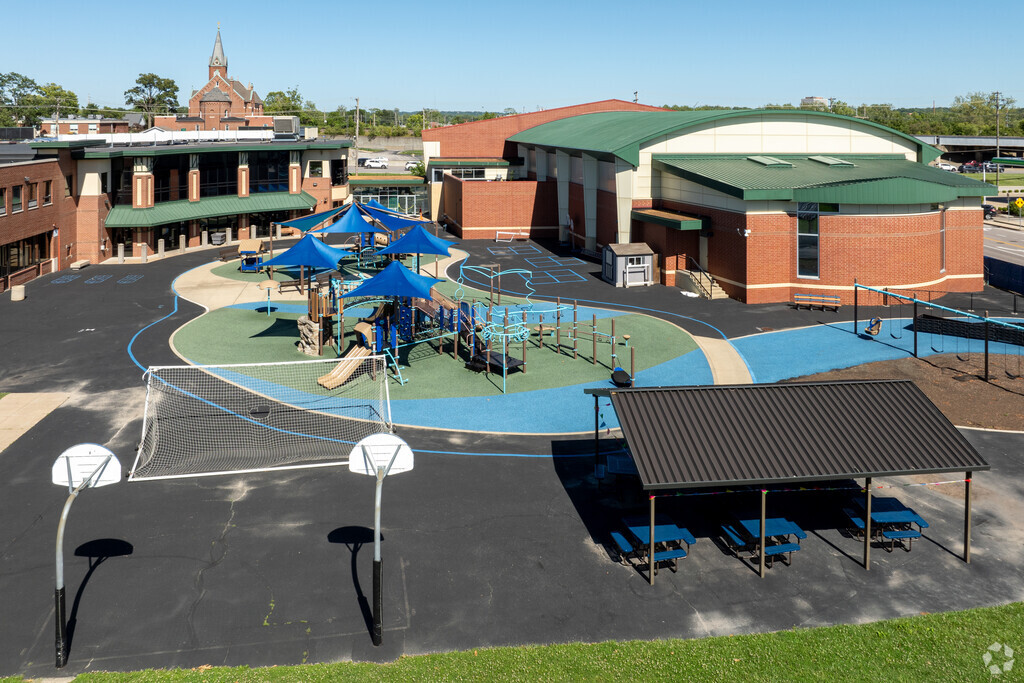 Valley Park Elementary School has a large playground in the courtyard behind the school.