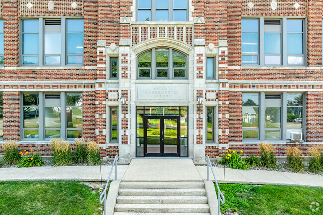 The historic entrance to Orient Elementary School is still used today.