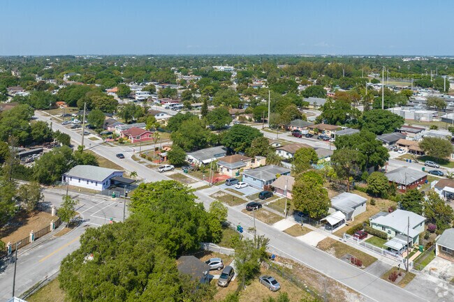 Aerial overview of Rainbow Park and its homes.