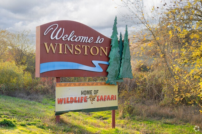 The iconic “Welcome to Winston” sign greets visitors to this scenic town along the South Umpqua River.