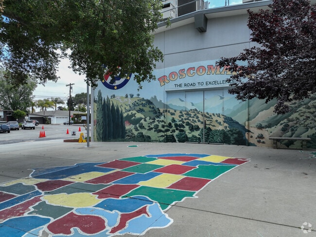 The entrance into Roscomare Road Elementary has a map of the world in all colors in Bel-Air.