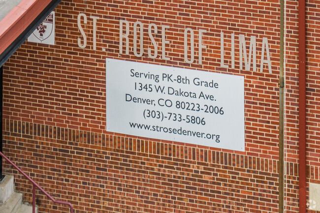 Entrance sign at St Rose Of Lima School in Denver, Colorado.