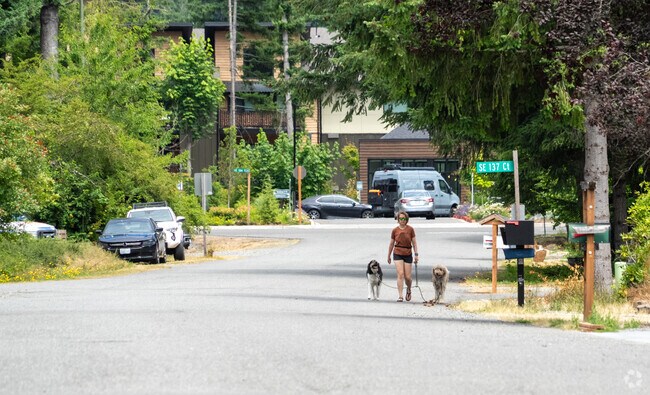 A woman enjoys a leisurely walk with two dogs in Tanner.