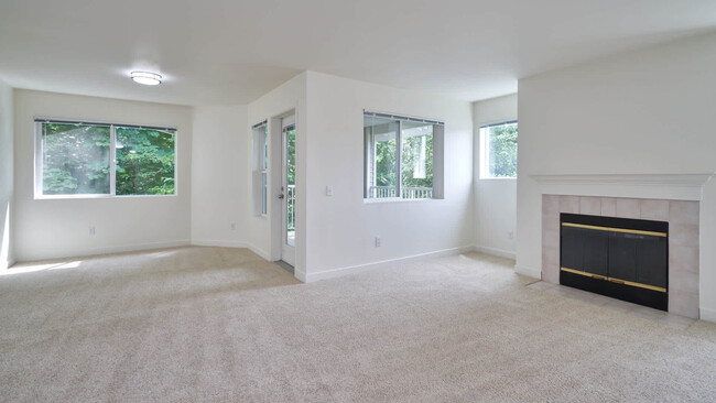 Carpeted Living Room with Balcony and Fireplace