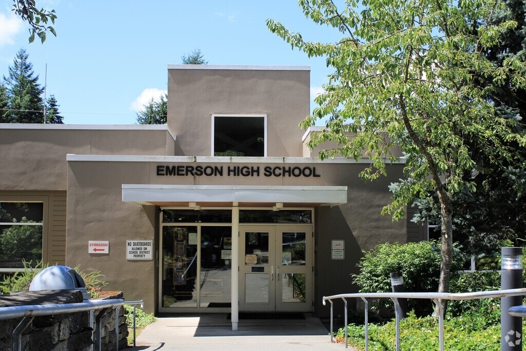Emerson High School's main entrance greets students in the Central Houghton neighborhood.