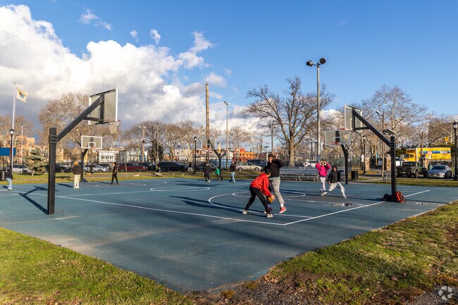 Come for basketball game with friends in Washington Park in Union City, NJ.