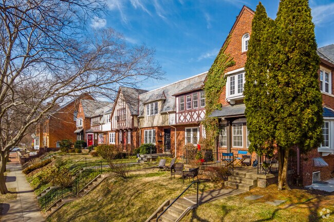 Tudor-style rowhouses in Foxhall offer historic charm and start around $1.2 million.