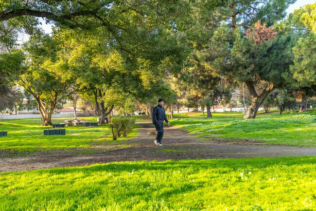 Mature trees provide shade along walk trails at Lions Town & Country Park in Madera, CA.