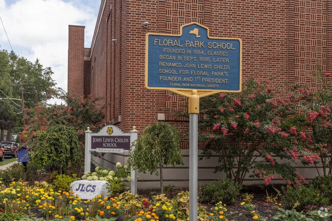 There is a historical marker outside of the John Lewis Childs Elementary School in Floral Park.