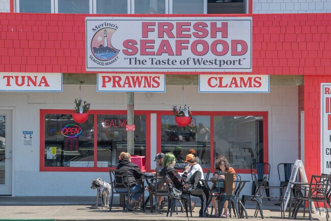 Sit outside with some fresh seafood at Merino's Seafood Market in Westport.
