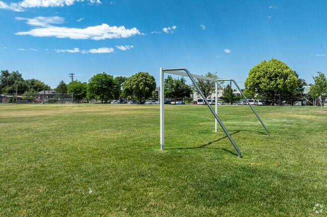 Multi-use fields at Riley Elementary School have soccer goals and a backstop.