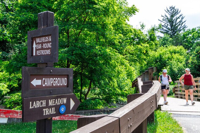 Buttermilk Falls State Park offers a campground, trails, and swimming.