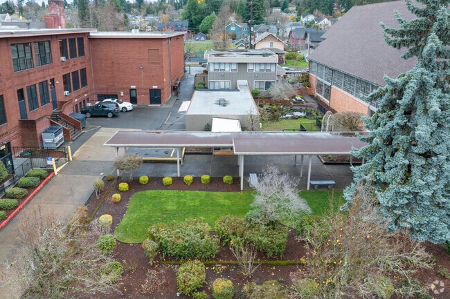 A courtyard provides space for contemplation at St John the Apostle Catholic School on 5th St.