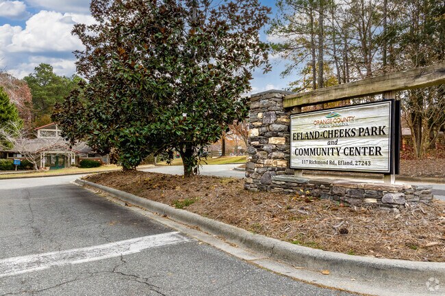 Efland-Cheeks Park in Cheeks features an indoor multipurpose community center that hosts a variety of programs and activities for all ages.