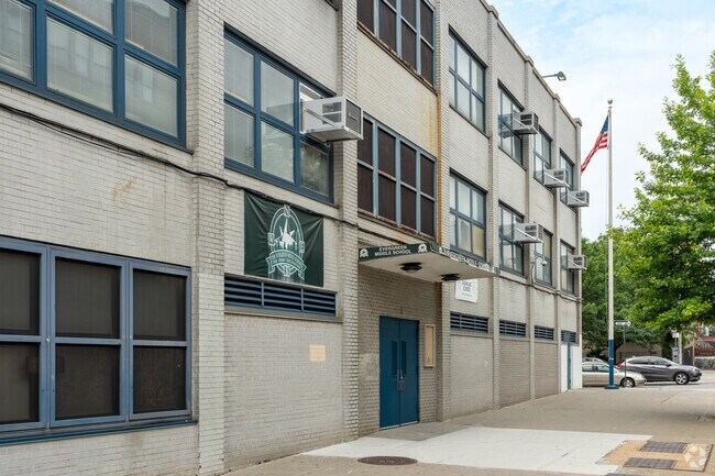 Main entrance to Evergreen Middle School-Urban Exploration along Covert St.