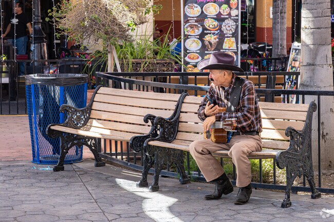 A Potomac Park musician takes a break at Plaza Del Pueblo to make a call.