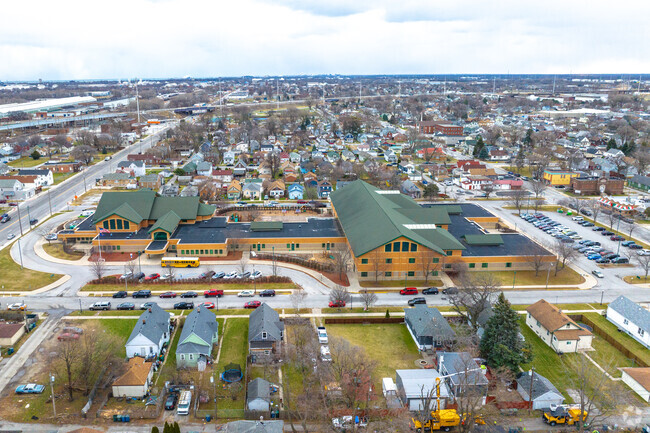 Washington Irving Elementary School features a yellow brick design.