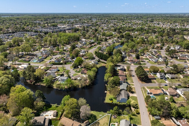 Aerial views show Charlestowne's layout, greenery, and its central neighborhood lake.