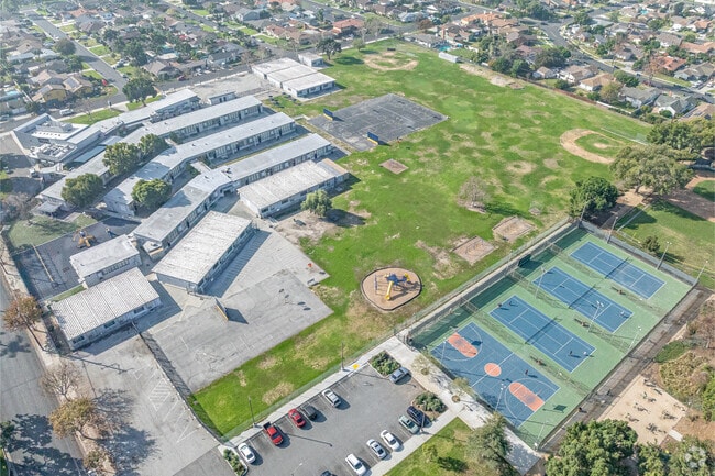 Aerial view of the athletic courts and fields at Rio Hondo Elementary School in Downey