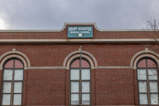 Large arched windows adorn Point Webster Middle School in Quincy.