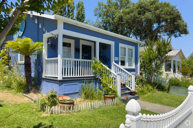 Cottage in blue on a perfect sunny day in Sebastopol, California.