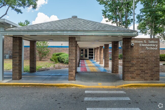 Students follow the painted sidewalk to attend class at Talbot Elementary School.