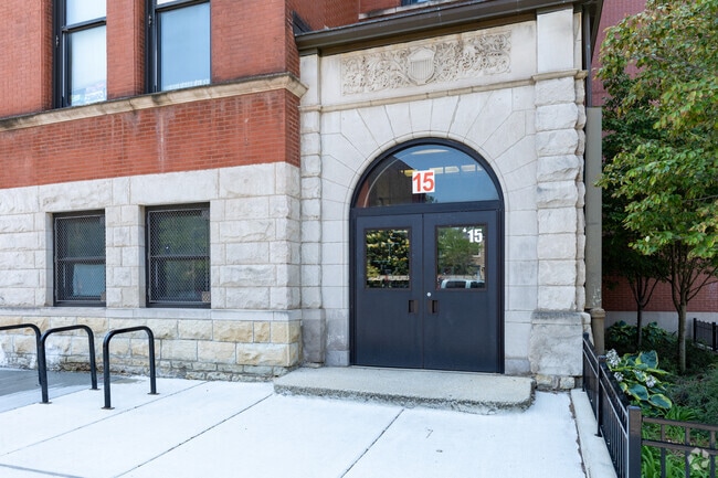 Secondary entrance next to bike racks, Lincoln Elementary School, Chicago.