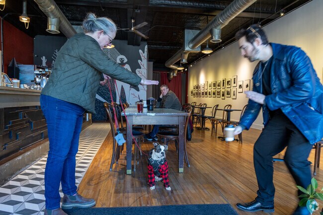 Hamtramck residents stop into Oloman Cafe + Gallery to view the art while training Fido.