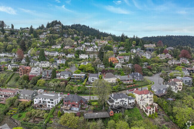 Aerial view of the sylvan neighborhood of Hillside, Portland.