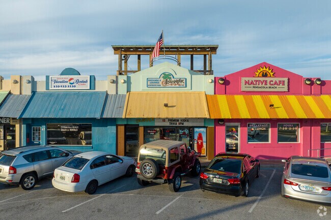 Colorful shops andboutiques are along Pensacola beach Gulf boulevard.