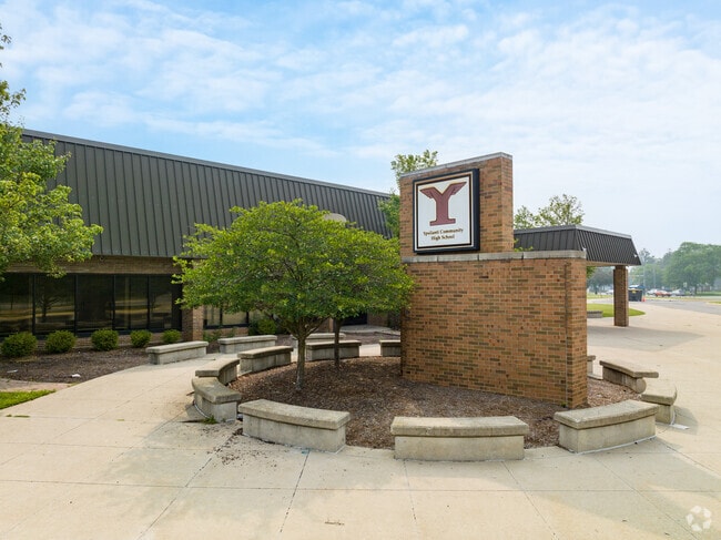 Entrance to Ypsilanti Community High School where students are prepared for college courses.