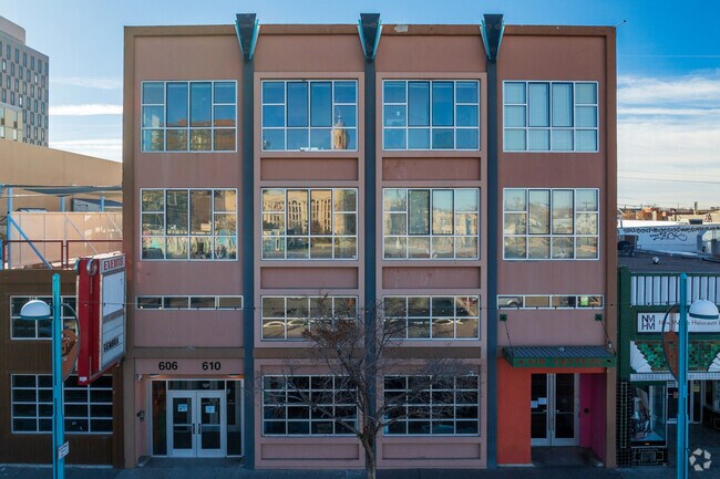 The front entrance to Siembra Leadership High School in Albuquerque.