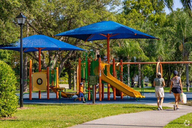 The large colorful playground at Eagle Park is perfect for little kids to run around and play.