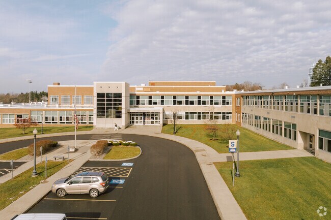 The colors of Skaneateles Senior High School are vegas gold and navy blue.