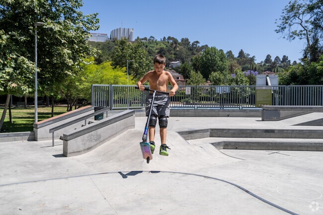 A street-style skate park with ramps, rails, and a half-bowl caters to local skaters and teens looking for action-packed recreation.