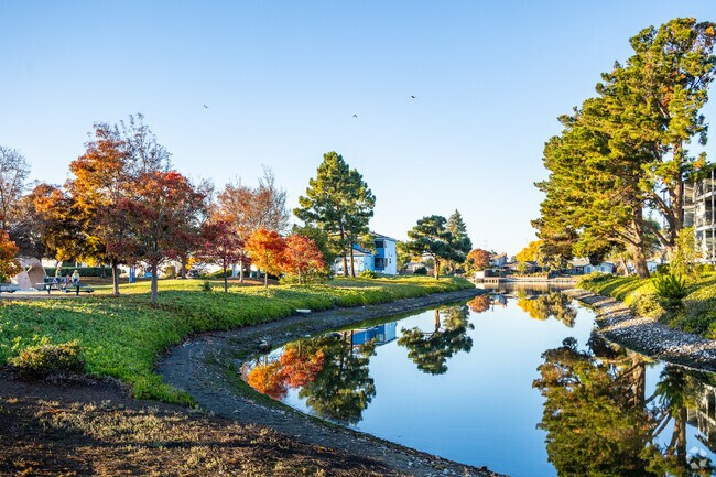 Mariners Island Park sits next to a waterway in San Mateo, CA.
