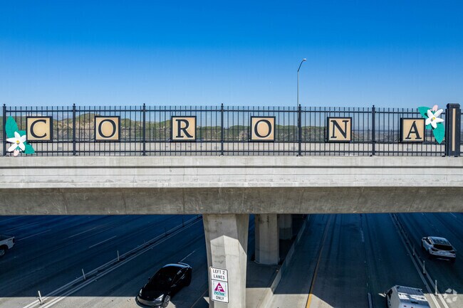 Freeway signage marks the entrance to Central Corona.