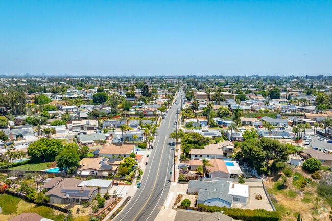 An elevated view above quiet neighborhood streets in Clairemont Mesa East.