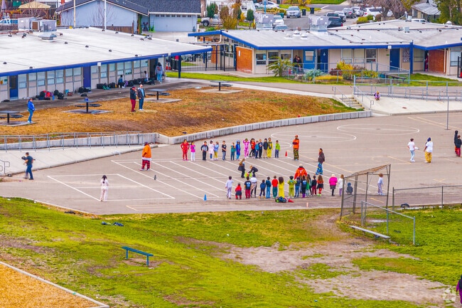 Students line up for an organized game at Pioneer Elementary School.