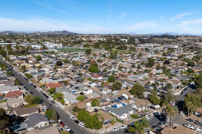 An elevated view of Chollas View homes highlights the close proximity to nearby parks.