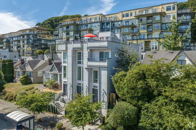 Modern townhomes and condos are commonly found on the sloping hills of Westlake in Seattle.