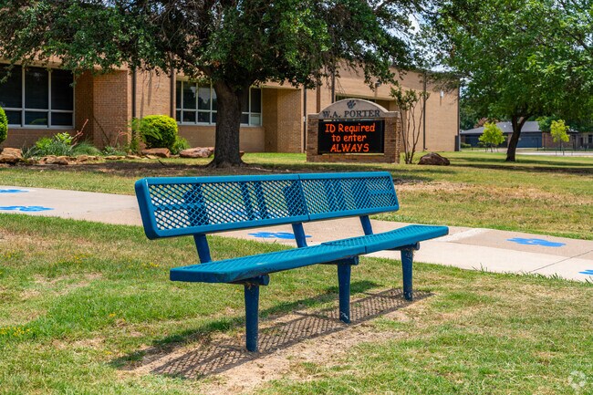 W.A Porter Elementary School features bench seating for students and visitors in Hurst.