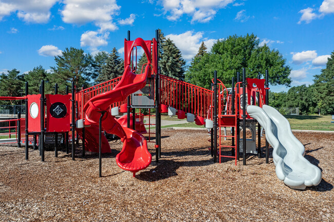 View of the slides at Prairie View Elementary playground located in Eden Prairie MN.