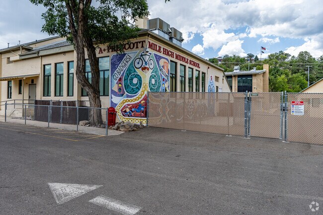 Hand painted murals great visitors at Prescott Mile High Middle School.