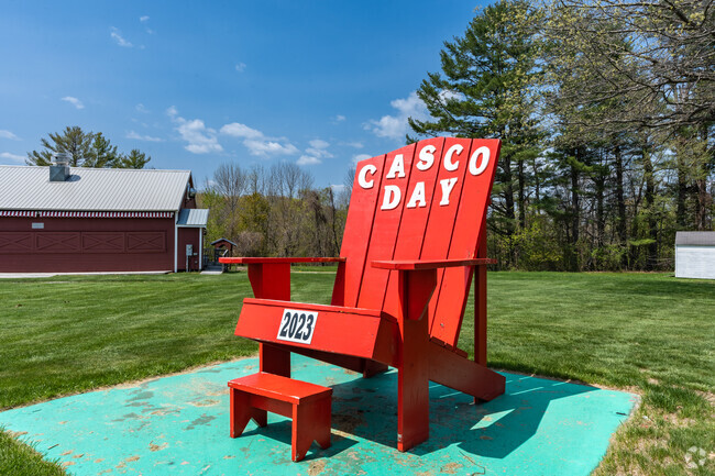 Photo of a large red chair which sits in Casco Day Park in Casco, Maine.