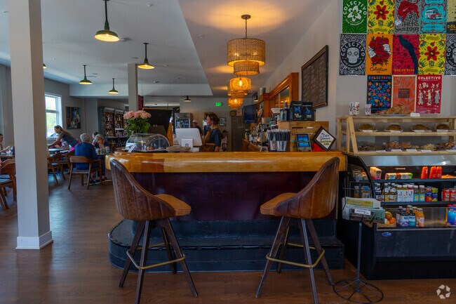 Bar stools and baked goods greet customers at Colectivo Coffee in Lake Geneva’s Como area.