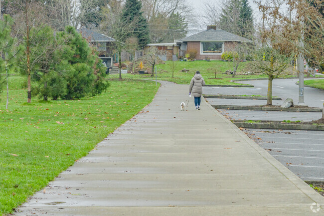 A woman and her dog walk by the school on a cold December morning.