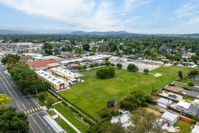 The aerial view of Magnolia Elementary School beautifully highlights its abundant amenities.