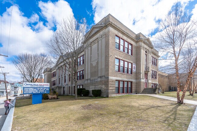 Explore the exterior and signage of Central Falls High School, RI.
